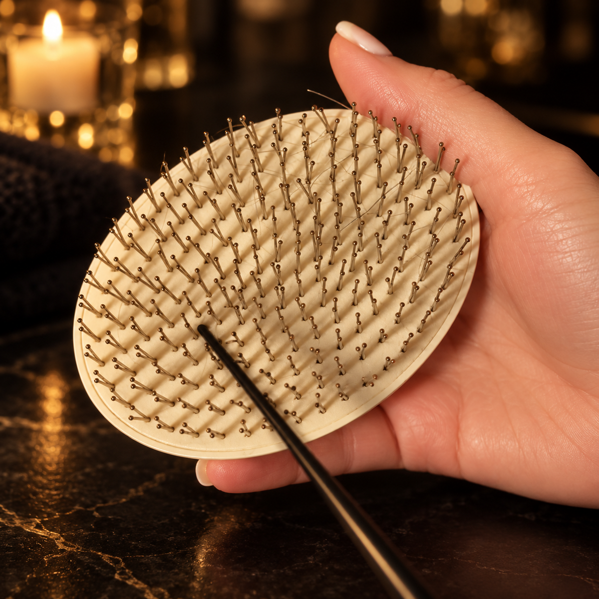 Black ASMR tapping tool moving across a metal-pin hairbrush during a sensory hair play treatment in Stafford.