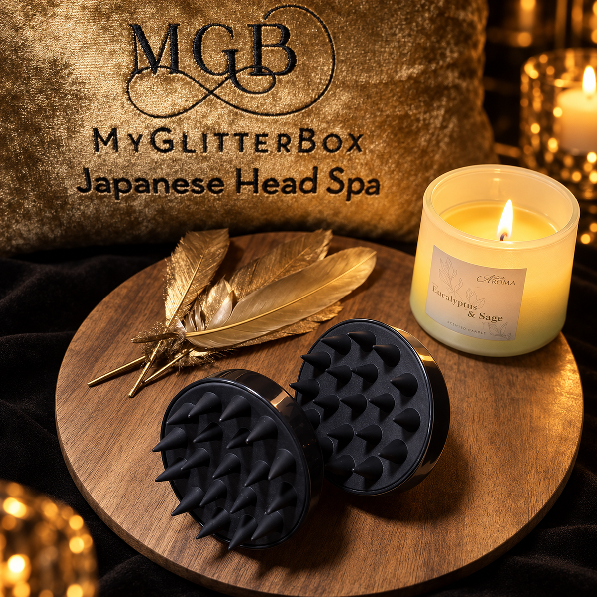 Two black silicone scalp massage brushes displayed with gold feathers and a candle at GlitterBox Head Spa in Stafford.