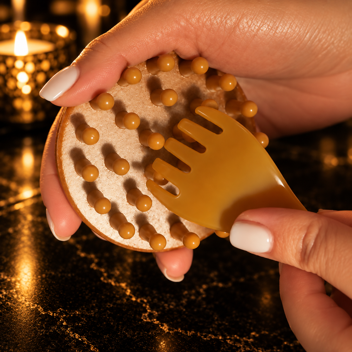 Amber ASMR sensory tool brushing across a scalp massager during a hair play treatment in Stafford.
