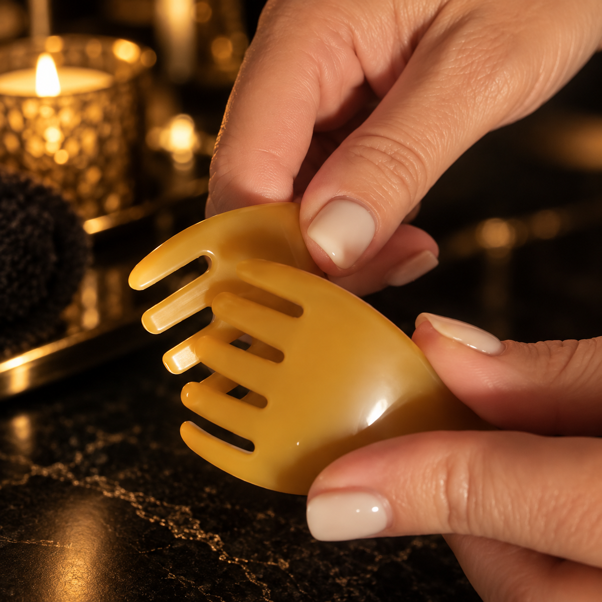 Two amber sensory tools gently tapped together during a Resonance ASMR hair play treatment in Stafford.