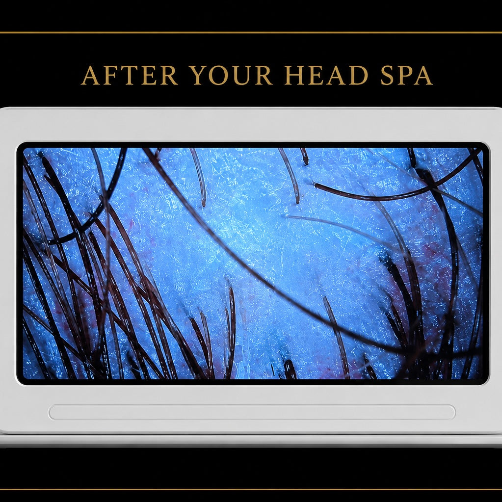Close-up scalp analysis after a bespoke herbal infusion ritual at GlitterBox Head Spa