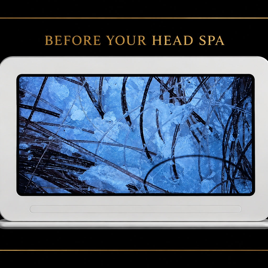 Close-up scalp analysis before a bespoke herbal infusion ritual at GlitterBox Head Spa