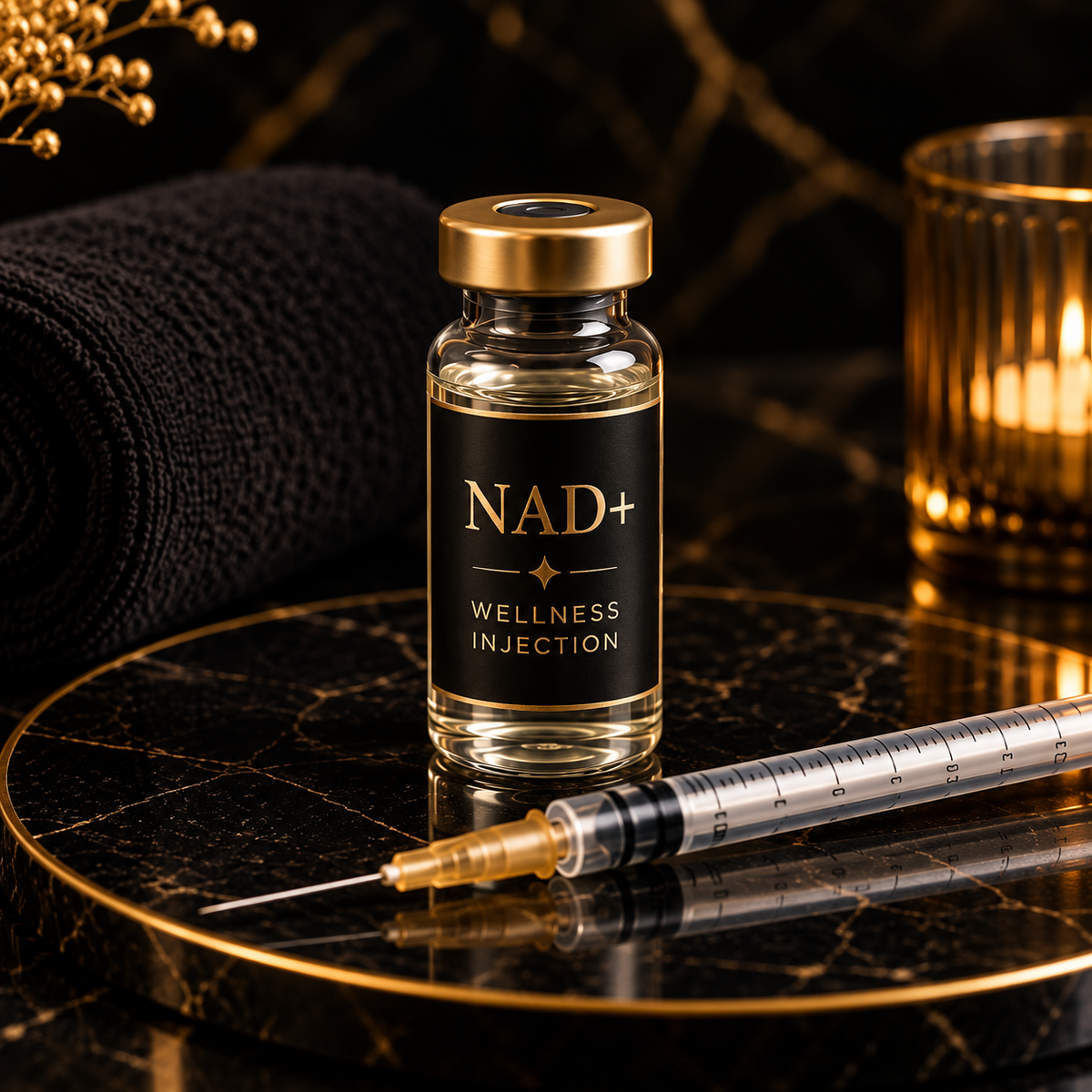 NAD+ wellness injection vial on a black and gold tray at GlitterBox Head Spa