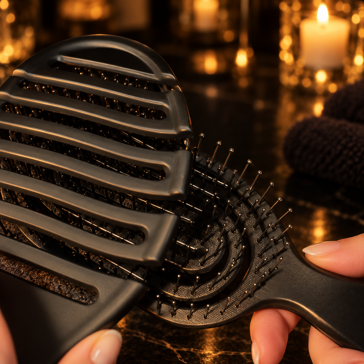 Two black hairbrushes gently brushed together to create soothing ASMR sounds during a hair play treatment in Stafford.